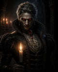 GRID THUMBNAIL — Candlelit portrait of a pale vampire noble with glowing red eyes, ornate high-collared clothing and ruby jewellery, standing in a shadowy interior.