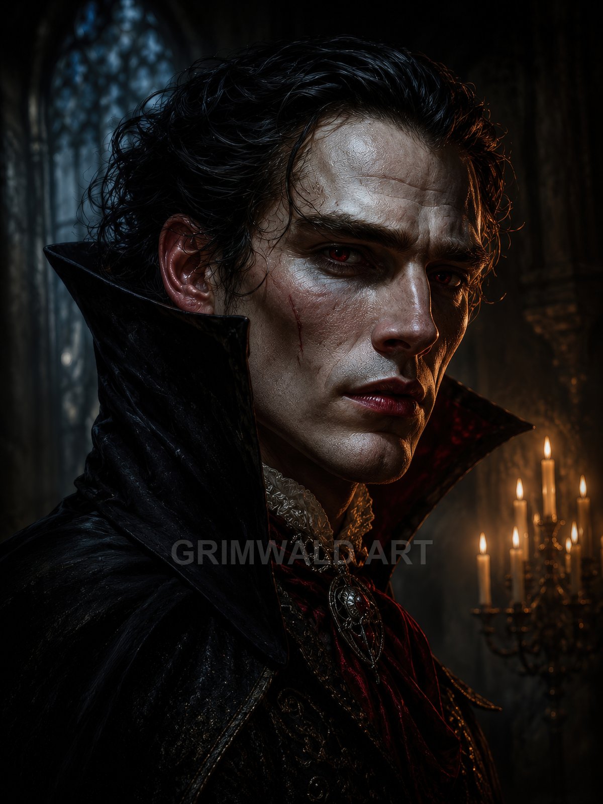 Candlelit portrait of a pale, red-eyed vampire noble with a high collar and ornate brooch in a gothic interior with a candelabrum.