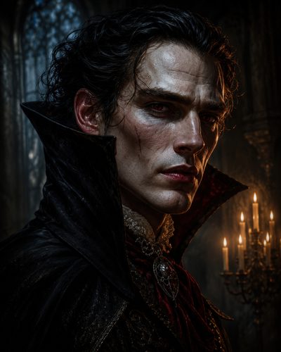 GRID THUMBNAIL — Candlelit portrait of a pale, red-eyed vampire noble with a high collar and ornate brooch in a gothic interior with a candelabrum.