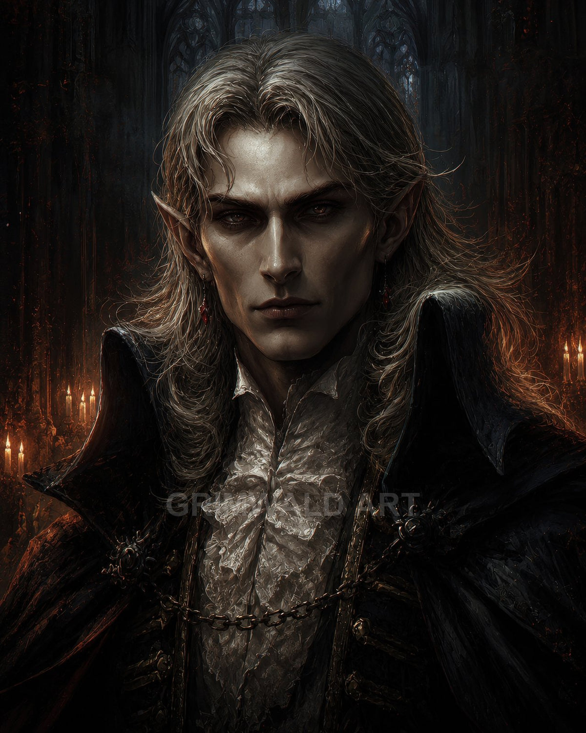 Portrait of a pale, long-haired vampire noble in ruffled shirt and dark cloak, candlelit within a shadowy gothic cathedral, with pointed ears and red eyes.
