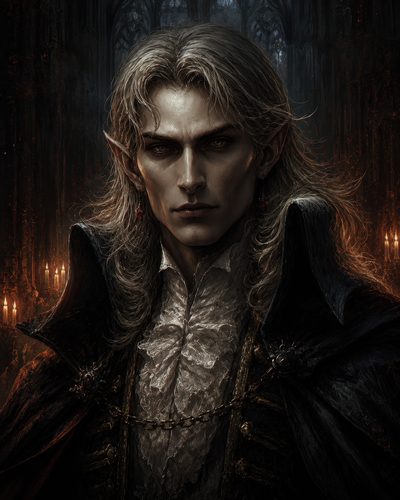GRID THUMBNAIL — Portrait of a pale, long-haired vampire noble in ruffled shirt and dark cloak, candlelit within a shadowy gothic cathedral, with pointed ears and red eyes.