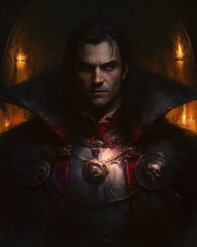 GRID THUMBNAIL — Dark, gothic portrait of a male vampire with glowing red eyes, high collar and ornate medallions, lit by candles within a shadowy interior.