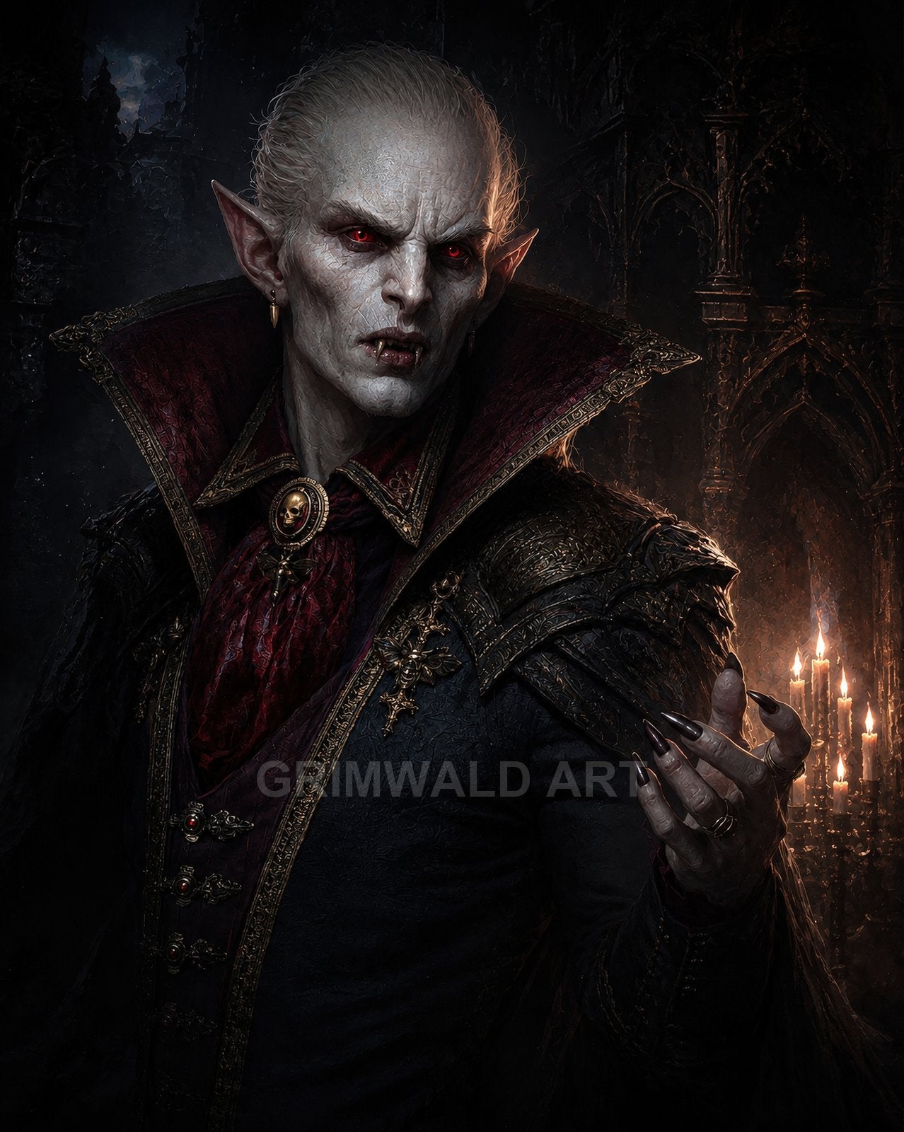 Pale vampire noble with red eyes and fangs, ornate dark coat and high collar, long black nails, in a candlelit gothic cathedral interior.