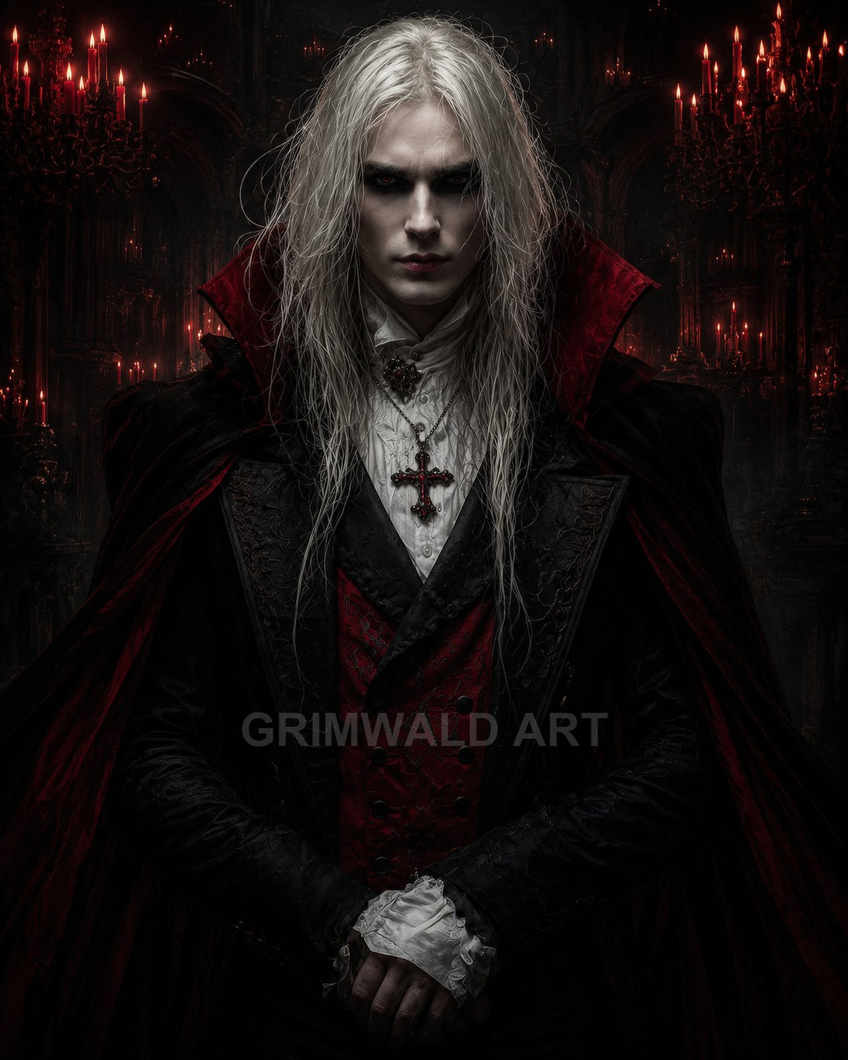 Portrait of a pale, long-haired vampire noble in black and crimson cloak standing in a candlelit gothic castle hall, hands clasped, intense gaze.