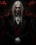 GRID THUMBNAIL — Portrait of a pale, long-haired vampire noble in black and crimson cloak standing in a candlelit gothic castle hall, hands clasped, intense gaze.