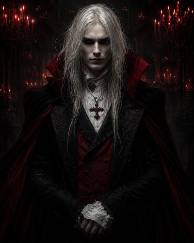 GRID THUMBNAIL — Portrait of a pale, long-haired vampire noble in black and crimson cloak standing in a candlelit gothic castle hall, hands clasped, intense gaze.