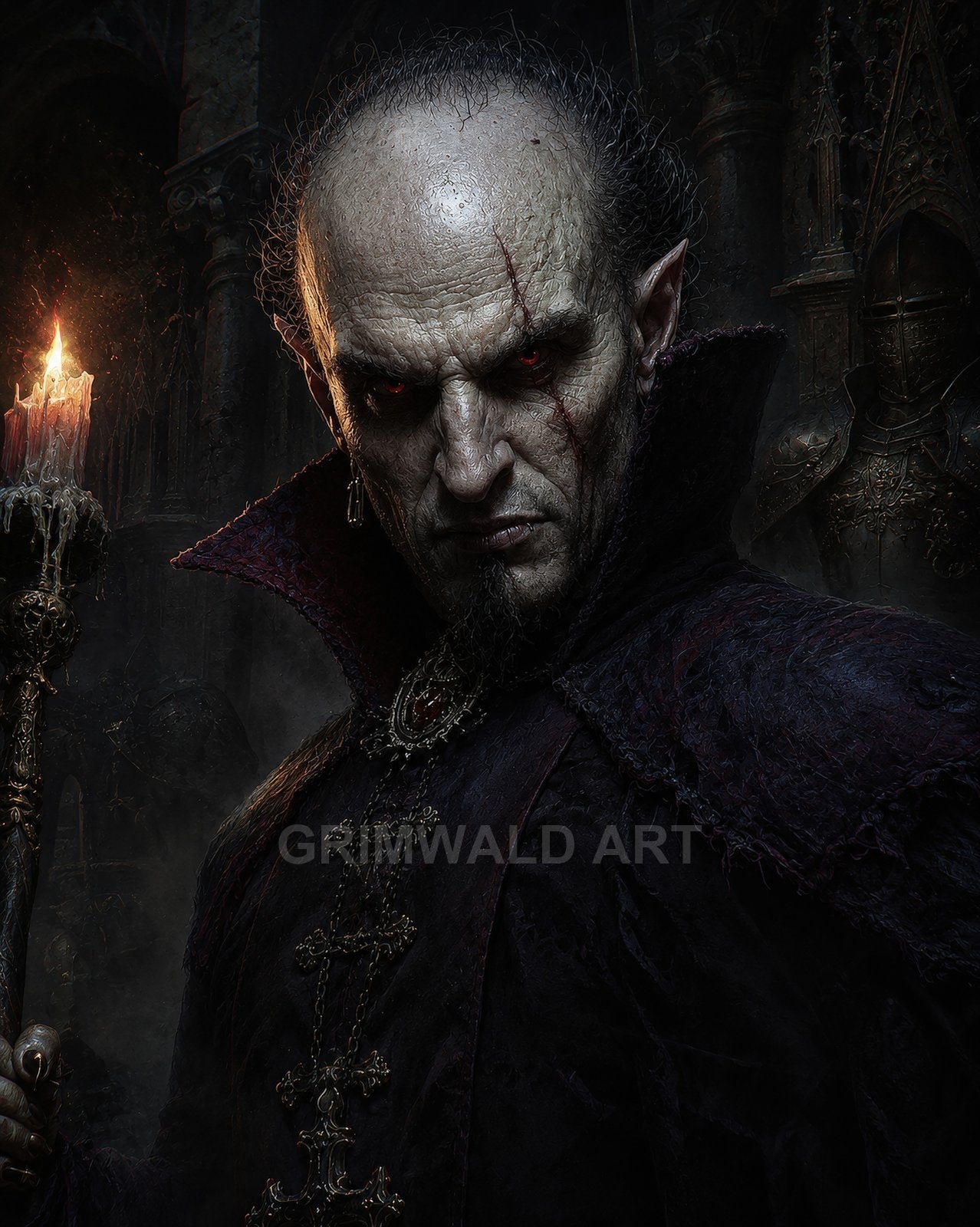 Portrait of a sinister bald vampire noble with red glowing eyes, scars, and a high-collared dark robe, holding a candlelit staff inside a gothic cathedral.