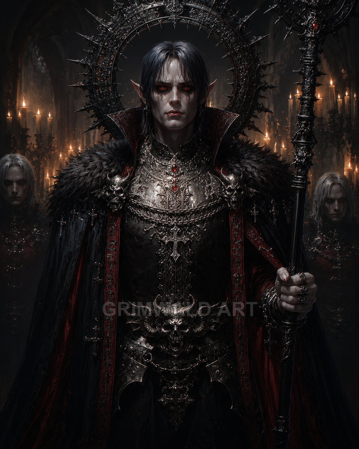 Regal male vampire with red eyes and fangs stands in ornate black armour and cloak, holding a staff, candlelit cathedral behind with shadowed attendants.