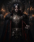 GRID THUMBNAIL — Regal male vampire with red eyes and fangs stands in ornate black armour and cloak, holding a staff, candlelit cathedral behind with shadowed attendants.