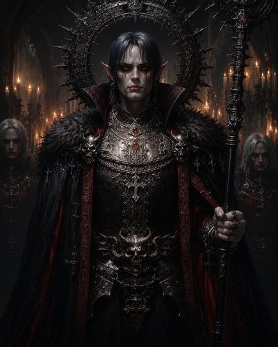 GRID THUMBNAIL — Regal male vampire with red eyes and fangs stands in ornate black armour and cloak, holding a staff, candlelit cathedral behind with shadowed attendants.