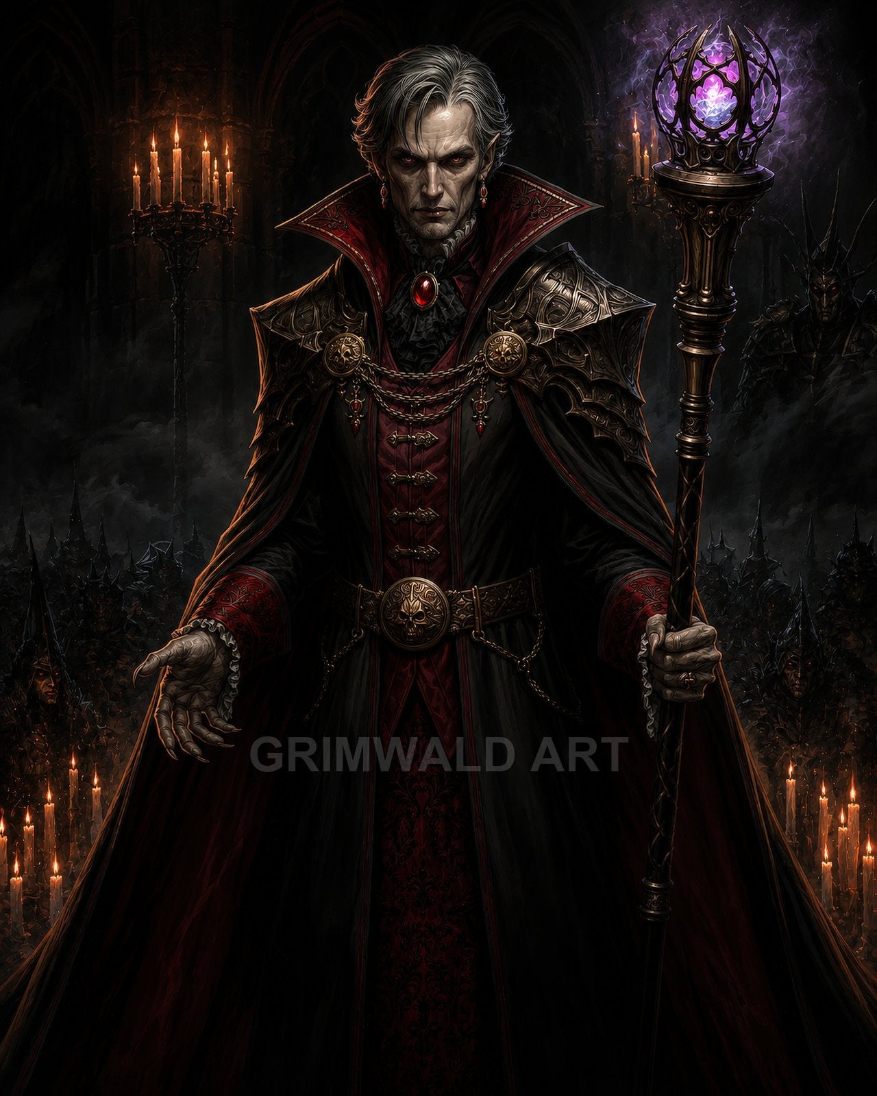Dark-robed warlock with pale face and crimson accents holds a glowing purple staff in a candlelit cathedral, hooded acolytes and candelabras looming behind.