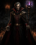 GRID THUMBNAIL — Dark-robed warlock with pale face and crimson accents holds a glowing purple staff in a candlelit cathedral, hooded acolytes and candelabras looming behind.