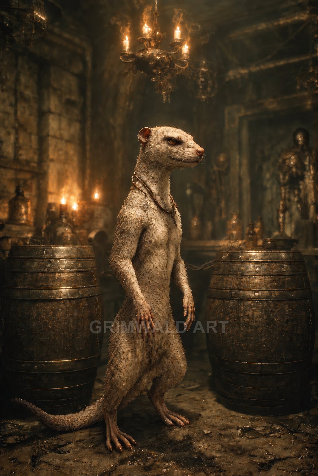 Anthropomorphic weasel stands upright between ornate barrels in a candlelit dungeon, warm firelight and chandeliers casting shadows across the moody aged stone interior.