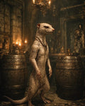 GRID THUMBNAIL — Anthropomorphic weasel stands upright between ornate barrels in a candlelit dungeon, warm firelight and chandeliers casting shadows across the moody aged stone interior.