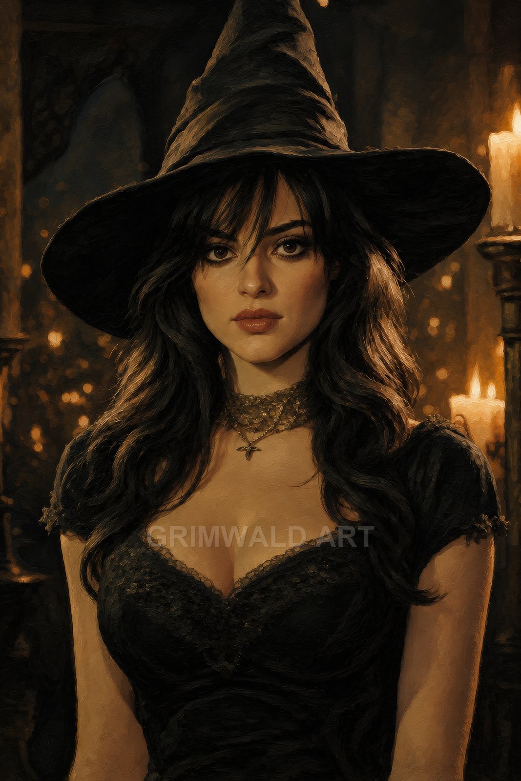 Oil-painted portrait of a young woman wearing a pointed witch hat and black lace dress, set against a warm candlelit interior with softly glowing flames.