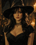 GRID THUMBNAIL — Oil-painted portrait of a young woman wearing a pointed witch hat and black lace dress, set against a warm candlelit interior with softly glowing flames.