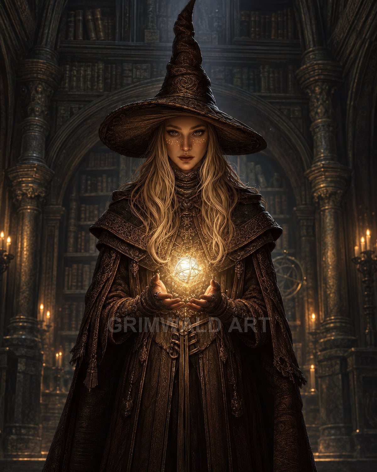 A robed witch in a tall pointed hat holds a glowing arcane orb in a candlelit gothic library, surrounded by books, arches, and warm shadows.