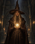 GRID THUMBNAIL — A robed witch in a tall pointed hat holds a glowing arcane orb in a candlelit gothic library, surrounded by books, arches, and warm shadows.