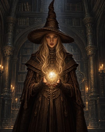 GRID THUMBNAIL — A robed witch in a tall pointed hat holds a glowing arcane orb in a candlelit gothic library, surrounded by books, arches, and warm shadows.
