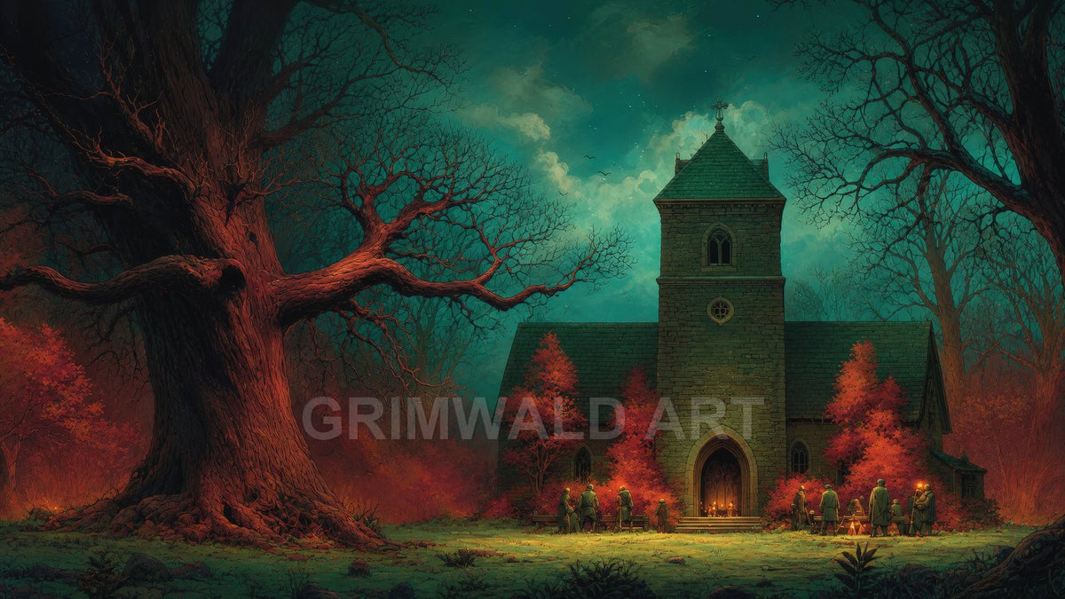 A stone chapel glows with candles in an autumn forest at twilight, beside a vast gnarled oak, with figures gathered quietly outside.