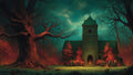 GRID THUMBNAIL — A stone chapel glows with candles in an autumn forest at twilight, beside a vast gnarled oak, with figures gathered quietly outside.