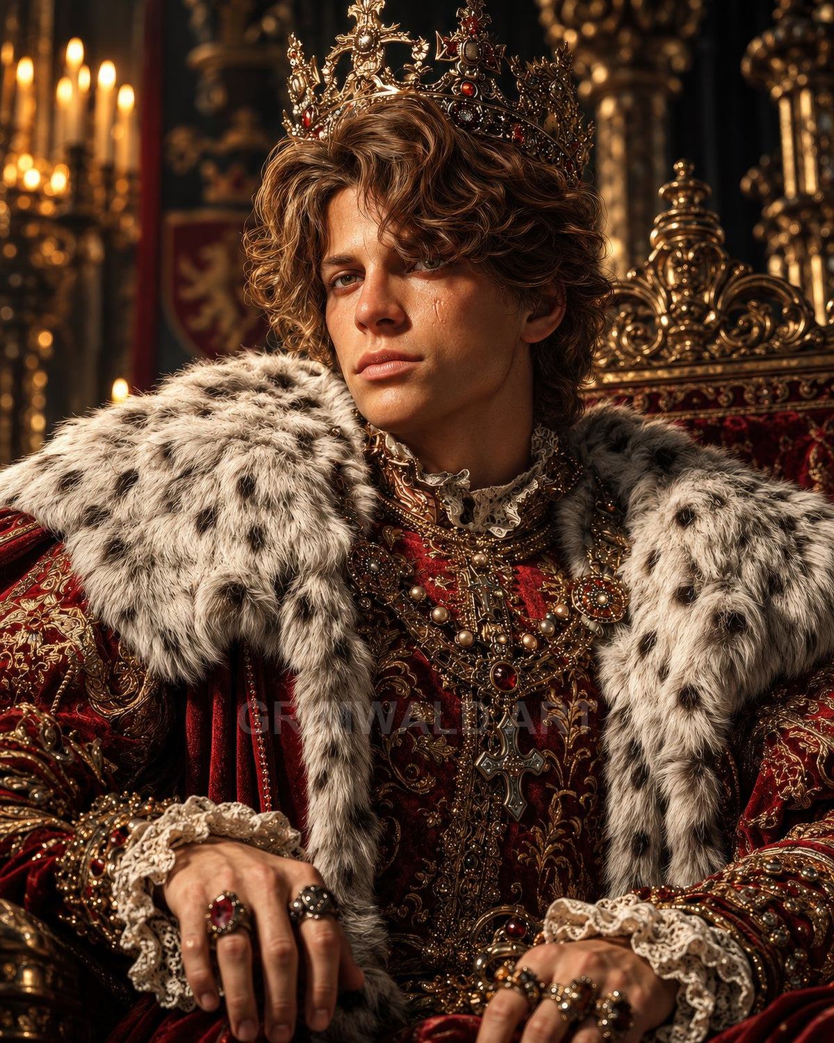 Crowned young king in ornate red and gold robes with ermine mantle, seated on a gilded throne in a candlelit castle interior.