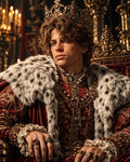 GRID THUMBNAIL — Crowned young king in ornate red and gold robes with ermine mantle, seated on a gilded throne in a candlelit castle interior.