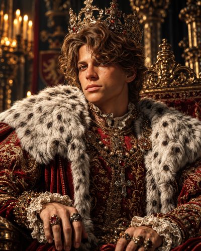 GRID THUMBNAIL — Crowned young king in ornate red and gold robes with ermine mantle, seated on a gilded throne in a candlelit castle interior.
