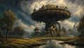 GRID THUMBNAIL — A colossal tree supports a sprawling fantasy city above a tranquil river, with ornate domes, winding roots, and dramatic cloud-filled skies.