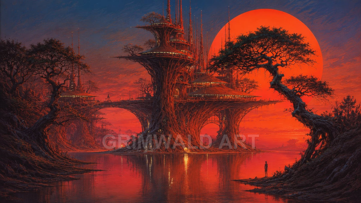 Vast tree-built city with bridges rises above a reflective lake under a colossal red moon, twilight sky, lone figure on the shore.