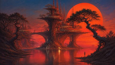 GRID THUMBNAIL — Vast tree-built city with bridges rises above a reflective lake under a colossal red moon, twilight sky, lone figure on the shore.