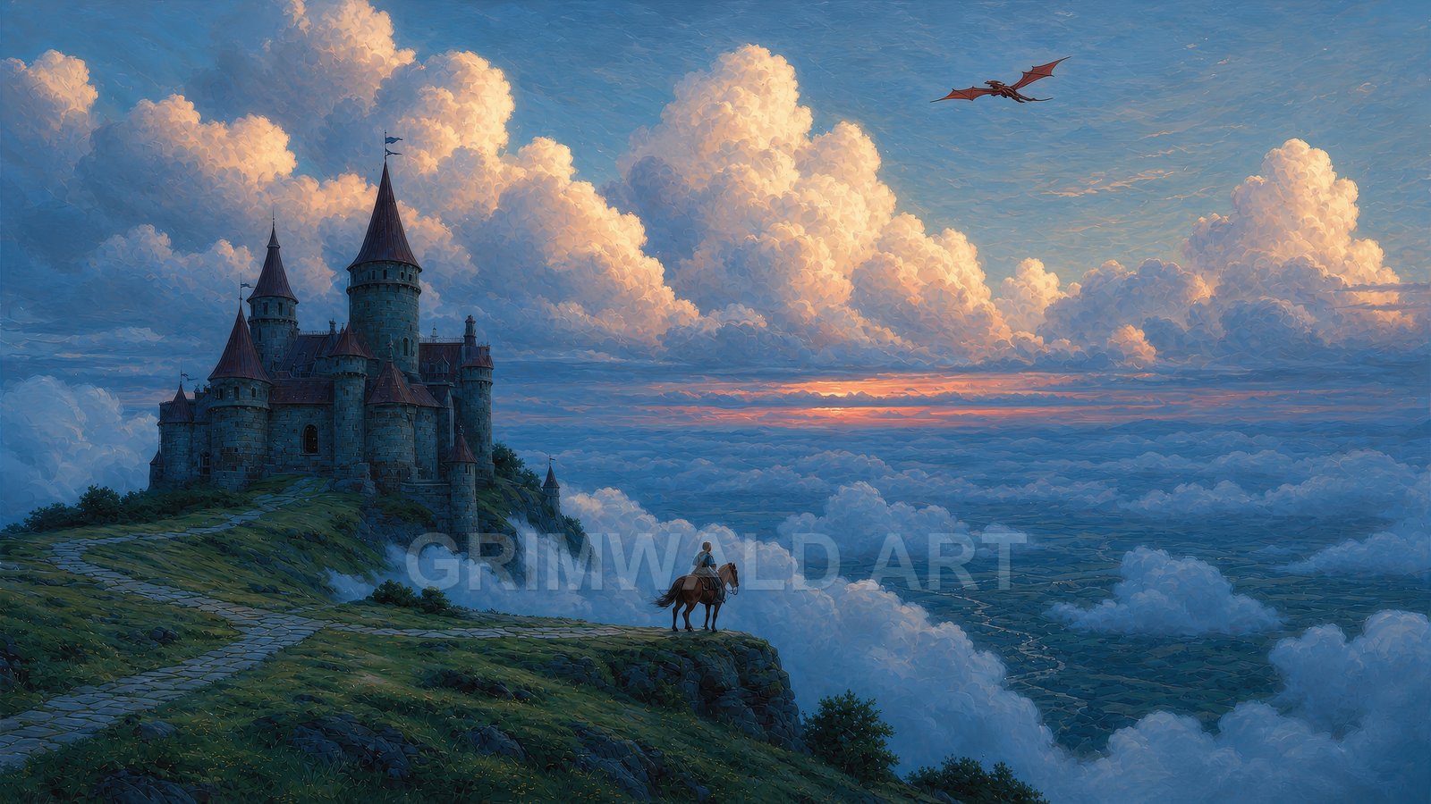 Stone castle with tall turrets crowns a mountain ridge above clouds at sunset, a lone rider observes a distant flying dragon.