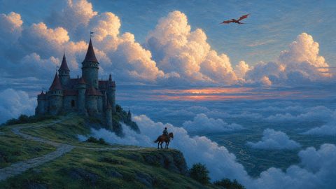GRID THUMBNAIL — Stone castle with tall turrets crowns a mountain ridge above clouds at sunset, a lone rider observes a distant flying dragon.