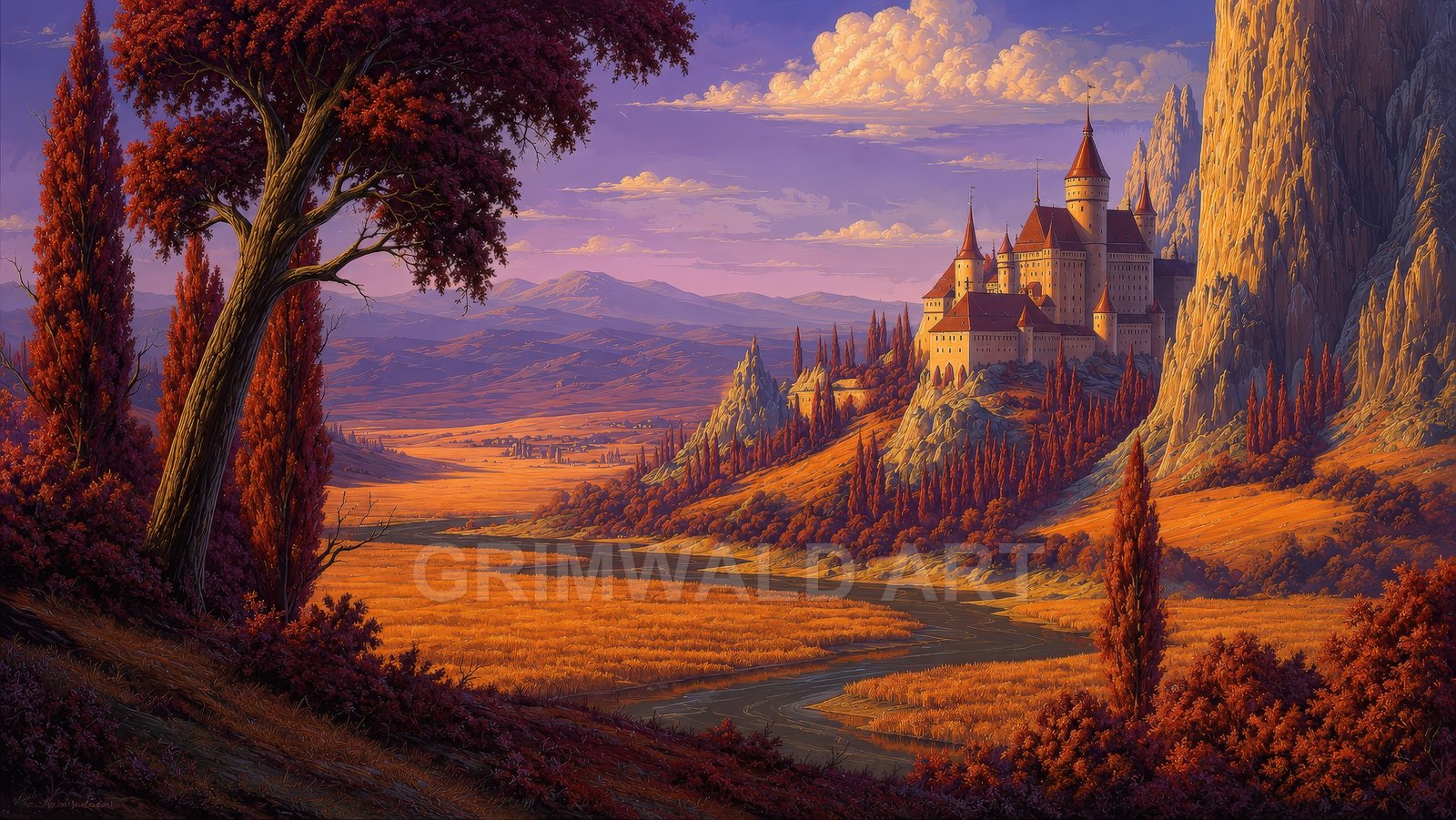 A grand hilltop castle overlooks a winding river and golden valley, framed by tall red trees and distant purple mountains under glowing evening light.