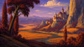 GRID THUMBNAIL — A grand hilltop castle overlooks a winding river and golden valley, framed by tall red trees and distant purple mountains under glowing evening light.