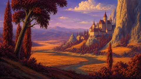 GRID THUMBNAIL — A grand hilltop castle overlooks a winding river and golden valley, framed by tall red trees and distant purple mountains under glowing evening light.