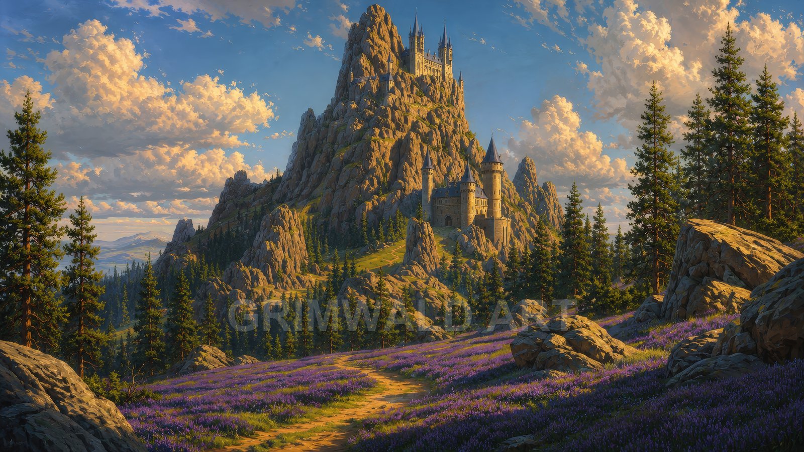 Sunlit stone castle with spired towers crowns a rocky mountain above pine forest and a winding path through a purple wildflower meadow under golden clouds.