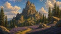 GRID THUMBNAIL — Sunlit stone castle with spired towers crowns a rocky mountain above pine forest and a winding path through a purple wildflower meadow under golden clouds.