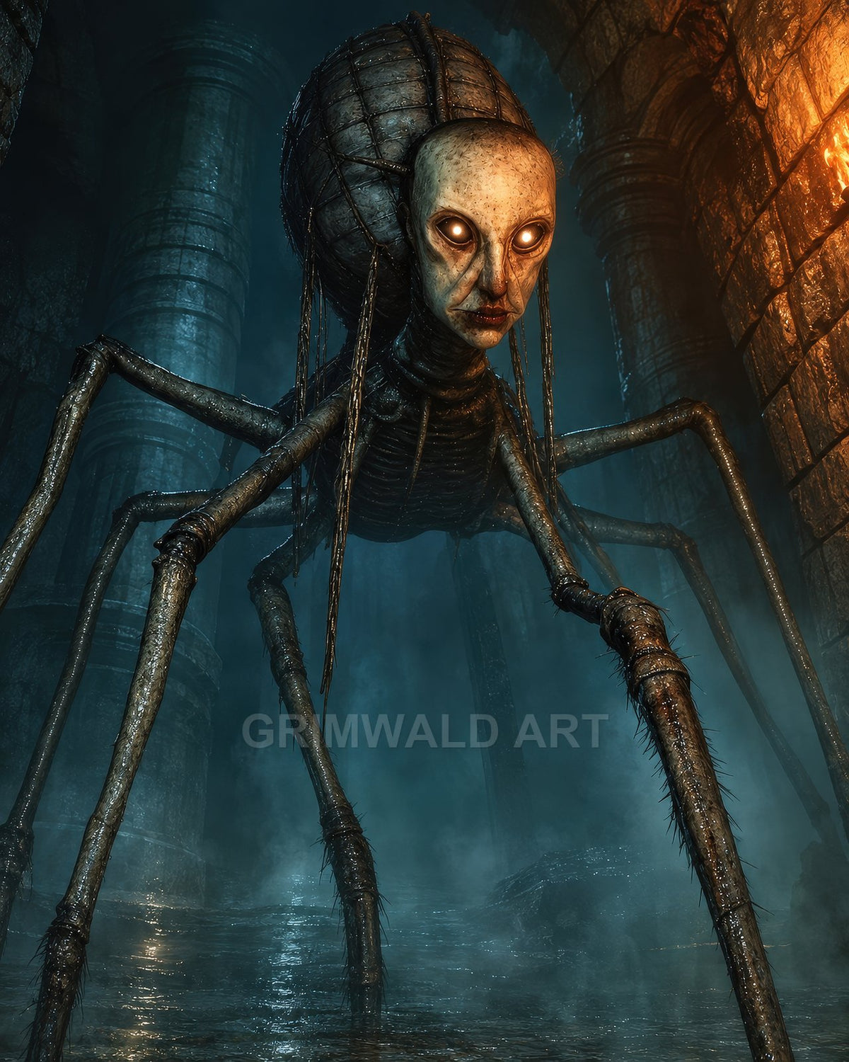 A giant spider-bodied demon with a pallid human face and glowing eyes stalks a torchlit stone dungeon veiled in blue mist.