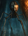 GRID THUMBNAIL — A giant spider-bodied demon with a pallid human face and glowing eyes stalks a torchlit stone dungeon veiled in blue mist.