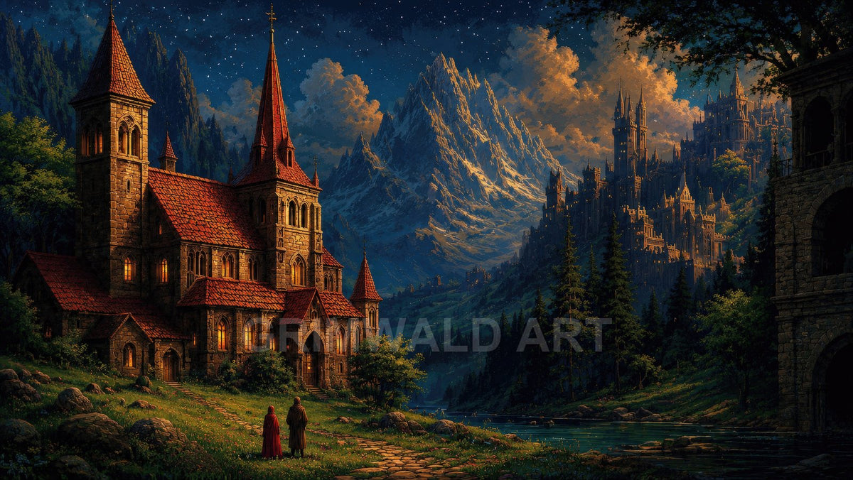 A stone cathedral with red roofs glows warmly beside a river, under a starry twilight sky, facing a vast mountain and distant castle city.