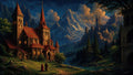 GRID THUMBNAIL — A stone cathedral with red roofs glows warmly beside a river, under a starry twilight sky, facing a vast mountain and distant castle city.