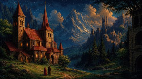 GRID THUMBNAIL — A stone cathedral with red roofs glows warmly beside a river, under a starry twilight sky, facing a vast mountain and distant castle city.