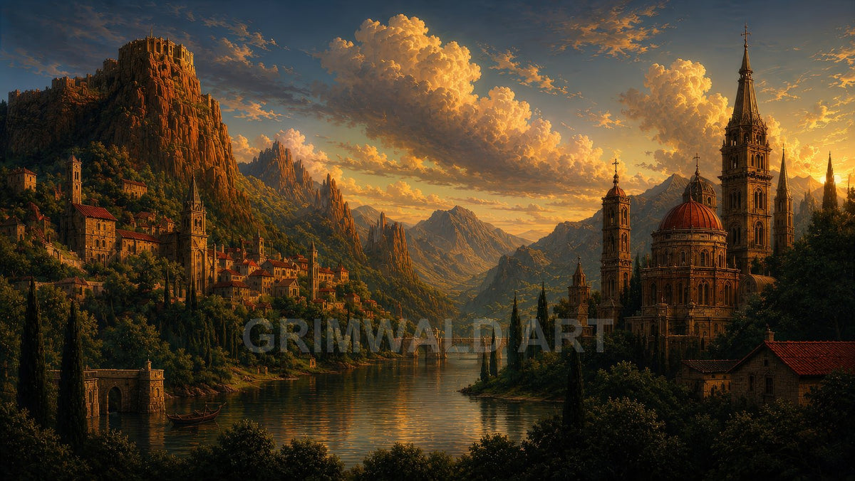 A grand cathedral city lines a calm river between rugged mountains at golden hour, with stone bridges, cypress trees, boats and dramatic clouds.
