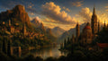 GRID THUMBNAIL — A grand cathedral city lines a calm river between rugged mountains at golden hour, with stone bridges, cypress trees, boats and dramatic clouds.