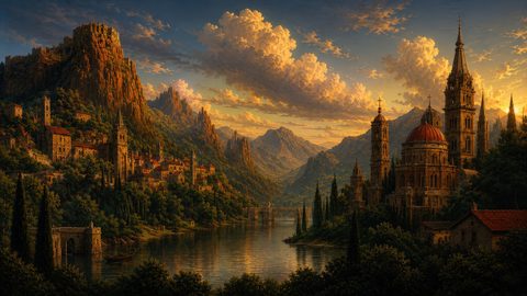 GRID THUMBNAIL — A grand cathedral city lines a calm river between rugged mountains at golden hour, with stone bridges, cypress trees, boats and dramatic clouds.