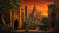 GRID THUMBNAIL — A grand medieval fantasy city with towering cathedral spires rises above a river and stone bridge, bathed in glowing orange sunset light.