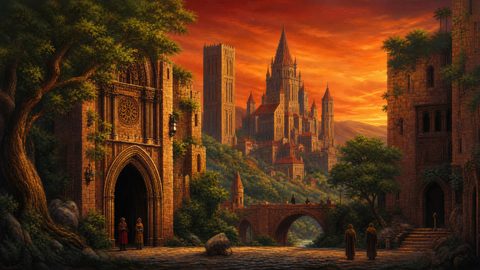 GRID THUMBNAIL — A grand medieval fantasy city with towering cathedral spires rises above a river and stone bridge, bathed in glowing orange sunset light.