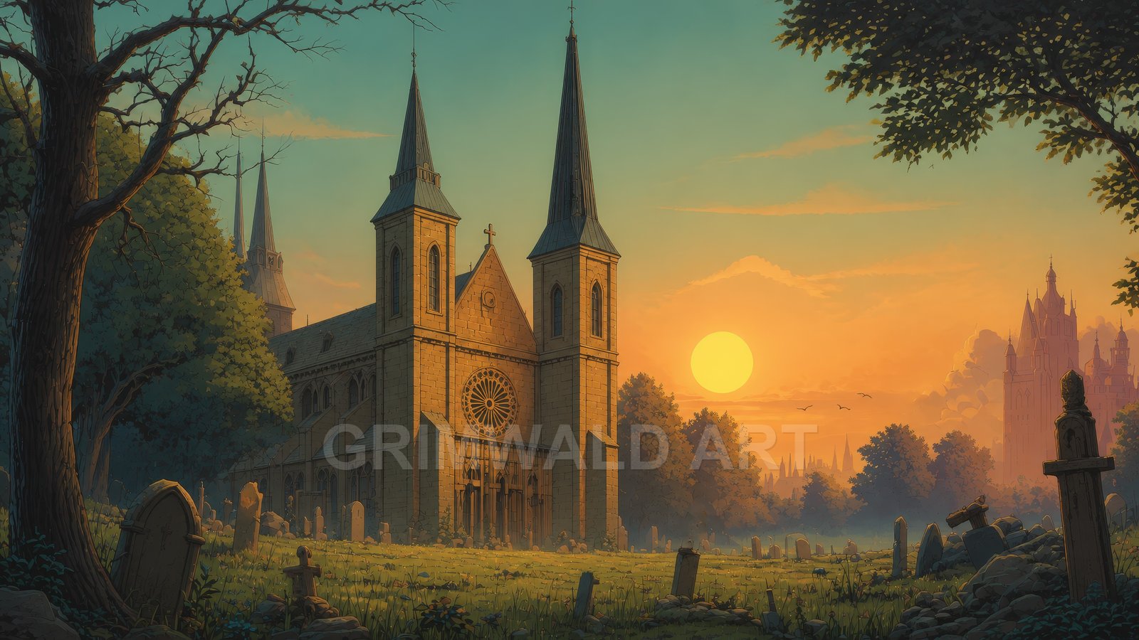 Gothic cathedral with twin spires rises above an overgrown graveyard at sunset, golden light, distant castle silhouettes and birds across a tranquil sky.