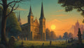 GRID THUMBNAIL — Gothic cathedral with twin spires rises above an overgrown graveyard at sunset, golden light, distant castle silhouettes and birds across a tranquil sky.